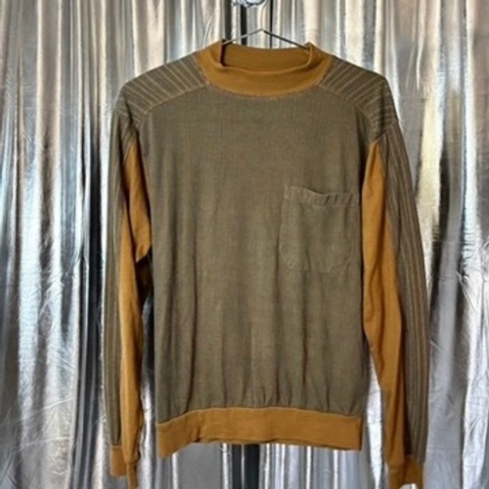 Vintage Haband Olive Mustard Colorblock Mock Neck Knit Pocket Top